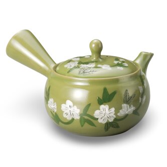 Keramická konvice Kyusu zelená bílé květy var. B 280 ml