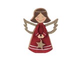 Dekorace dřevo 105x135mm, anděl na postavení, červená s glitrem
