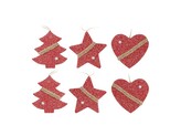 Závěs 6 ks, 60 mm  srdce, hvězda, stromek, mix pletený červený