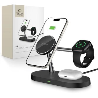 Ładowarka Tech-Protect A12 indukcyjna 3w1 MagSafe na smartfon / słuchawki / smartwatch - czarna Ładowarka Tech-Protect A12 indukcyjna 3w1 MagSafe na smartfon / słuchawki / smartwatch - czarna