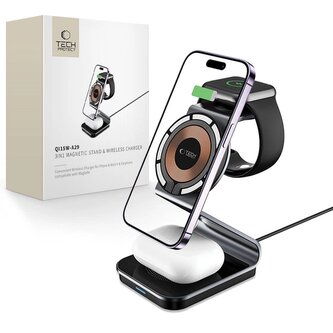 Ładowarka Tech-Protect QI15W-A29 indukcyjna 3w1 z MagSafe na smartfon / Apple Watch / AirPods - czarna Ładowarka Tech-Protect QI15W-A29 indukcyjna 3w1 z MagSafe na smartfon / Apple Watch / AirPods - czarna