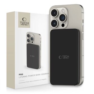 Powerbank Tech-Protect LifeMag PB9 z MagSafe 5000mAh 15W porty USB-C / Lightning - czarny + kabel USB-C