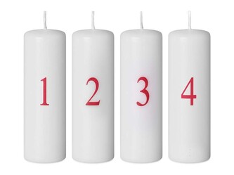 Válec advent 4ks 40x120 mm Čísla červený potisk, bílá svíčka