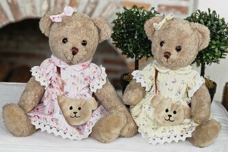 Pár plyšových medvědů v šatičkách s taštičkou