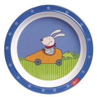 Melamin baby talíř RACING RABBIT zajíc závodník se silikonem (21,5 cm)   sigikid