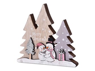 Dekorace dřevo 160x150mm stromky&sněhuláci, přírodní s glitrem+mix barev
