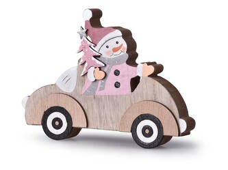 Dekorace dřevo 150x115mm autíčko&sněhulák, přírodní, bílá, růžová
