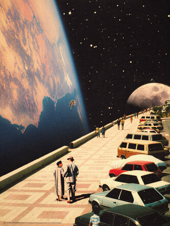 Plakát, Obraz - Space Promenade - Retro-Futuristic Collage Art, 45 × 60 cm