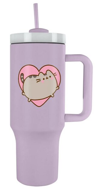 Nerezový cestovní termo hrnek s rukojetí a víčkem s brčkem Pusheen: Skok do srdce (objem 1180 ml)