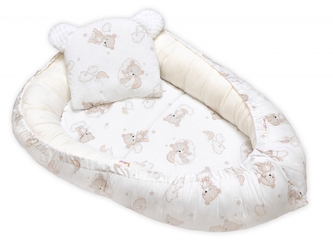 Oboustranné hnízdečko, podložka + polštářek 3D, Bavlna, Malý medvídek, bílé