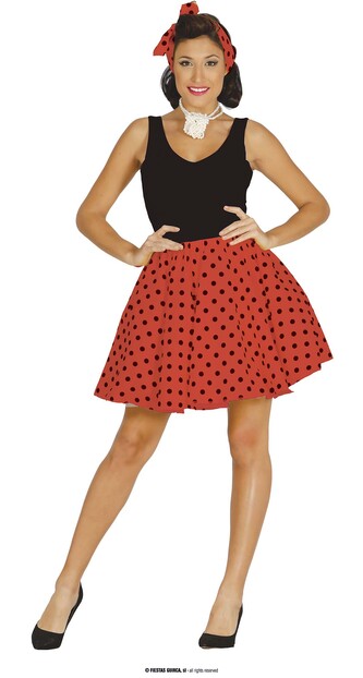 Černočervená puntíkovaná sukně se šátkem do vlasů 50-tá léta