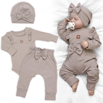 Žebrovaná rostoucí souprava 3D, Baby Girl - taupe; 56/62 (0-3m)