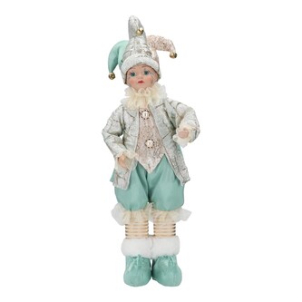 Postava stojící holčička ve zlato-modrém kostýmu šašek 46 cm, strojek s melodií