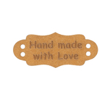 Nášivka "HAND MADE WITH LOVE" papírová - sada 6 ks. - hnědá - 40x17 mm
