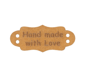 Nášivka "HAND MADE WITH LOVE" papírová - sada 6 ks. - hnědá - 40x17 mm