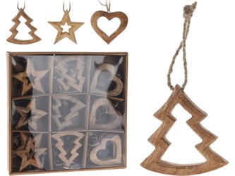 Závěs dřevo 100x100 mm stromeček, srdce, hvězda mix, přírodní - 1 kus