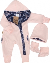 Teplákový dvouvrstvý overálek + čepice a botky Z&Z, Květy, růžová/granát, vel. 74; 74 (6-9m)