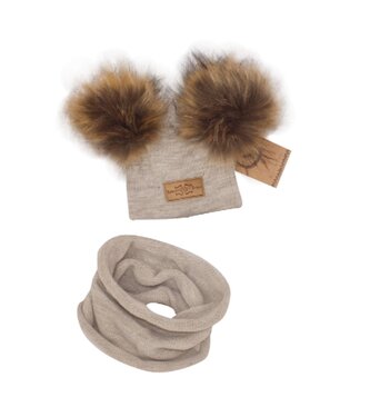 Z&Z Zimní čepice s bambulemi z kožešinky + komínek, béžová, vel. 68/80; 68-80 (6-12m)