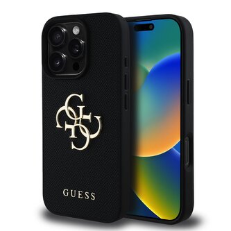 Guess PU Grained 4G Metal Logo Zadní Kryt pro iPhone 16 Pro Black