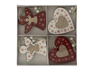 Závěs dřevo 8 ks 80X80mm andílek, srdíčko s glitrem mix, červená, bílá