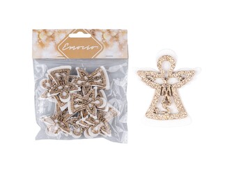 Dekorace dřevo 12 ks 43x48mm andílci s lepíkem , přírodní s glitrem, zlatá