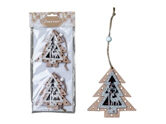 Závěs dřevo 2 ks 95x100mm stromek, přírodní s glitrem, stříbrná