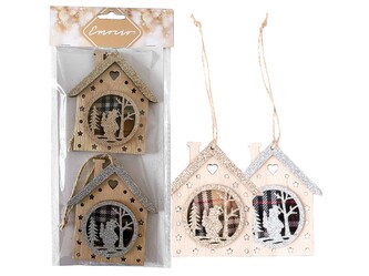 Závěs dřevo 2 ks 90X100mm domeček, přírodní s glitrem, zlatá, stříbrná