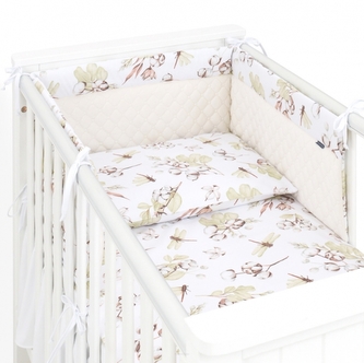 Mantinel s povlečením do postýlky, 3D sada Velvet, Vážka, ecru/bílá, 135x100 cm; 135x100