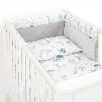 Mantinel s povlečením do postýlky, 3D sada Minky, Oceán, zelená/šedá/bílá; 120x90