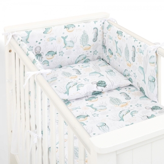 Mantinel s povlečením do postýlky, 3D sada Bavlna, Oceán, zelená/bílá, 135x100 cm; 135x100