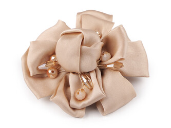 Brož saténový květ s broušenými kamínky Ø7 cm - 1 ks - 5 béžová