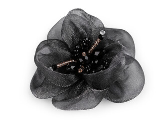 Květ s broušenými skleněnými korálky k našití a nalepení Ø6-7 cm - 10 ks - 7 antracit