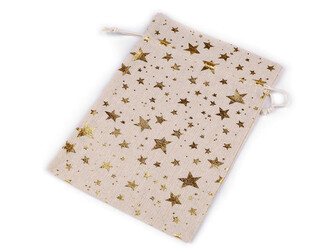 Dárkový pytlík hvězdy metalické 20x30 cm lněný - 1 ks - 2 režná zlatá