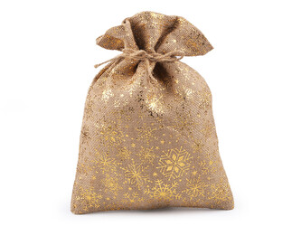 Vánoční dárkový pytlík metalické vločky 26x34 cm jutový - 1 ks - režná přírodní zlatá
