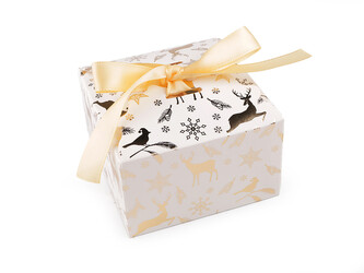 Vánoční dárková krabička se zlatým potiskem a stuhou - 12 ks - 3 bílá jelen