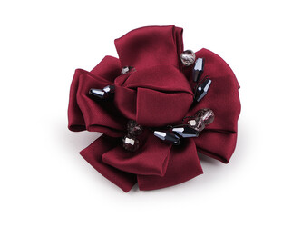 Brož saténový květ s broušenými kamínky Ø7 cm - 1 ks - 6 bordó