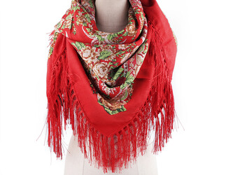 Šátek folklór květy s třásněmi 105x105 cm - 1 ks - 3 červená