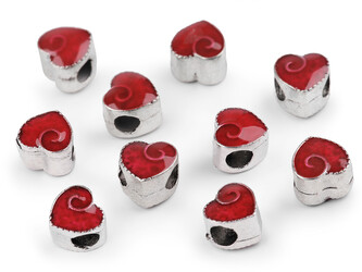 Kovové korálky s velkým průvlekem srdce 10x10 mm - 20 ks - 2 červená