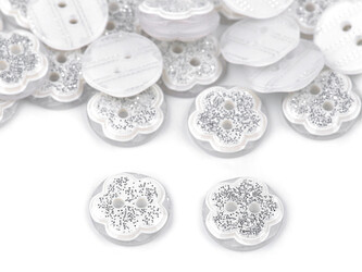Knoflík květ s glitry velikost 20" - 50 ks - 1 bílá stříbrná