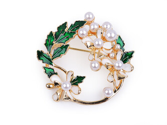 Brož s perlami - 1 ks - 1 zelená tmavá perlová