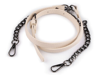 Koženkový popruh / ucho  na kabelku s řetízkem a karabinami šíře 1,5 cm - 1 ks - 4 krémová světlá černý nikl