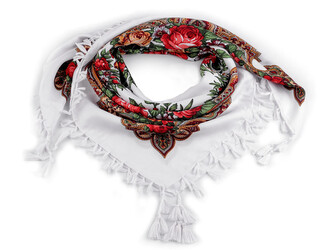 Šátek folklór květy růží s třásněmi 90x90 cm - 1 ks - 1 bílá