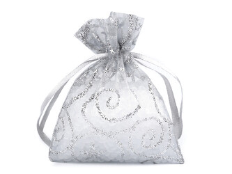 Dárkový pytlík 6,5x9 cm organza s glitry - 10 ks - 6 šedá nejsvětlejší stříbrná