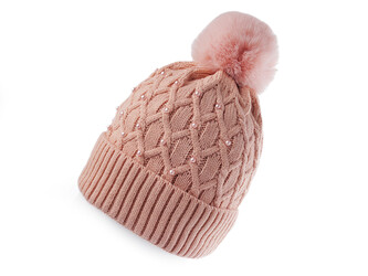 Dámská / dívčí zimní čepice s bambulí a perlami Emi Ross - 1 ks - 11 pudrová