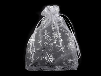 Vánoční dárkový pytlík vločky 13x18 cm organza - 10 ks - 1 bílá stříbrná