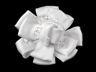 Brož saténový květ s broušenými kamínky Ø7 cm - 6 ks - 4 bílá