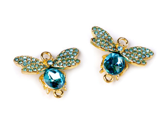 Ozdobný díl / přívěsek s broušenými kamínky motýl / hmyz 21x26 mm - 2 ks - 4 modrá azurová