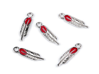 Kovový přívěsek / taháček na zip rty, pírko, lízátko, srdce, muchomůrka - 5 ks - 2 červená pírko