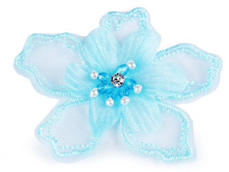 Květ s kamínkem a korálky k našití a nalepení Ø8 cm - 10 ks - 6 modrá andělská