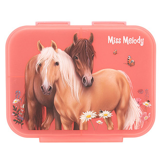 Svačinový box s přihrádkami Miss Melody, Růžový, dva hnědí koně na louce